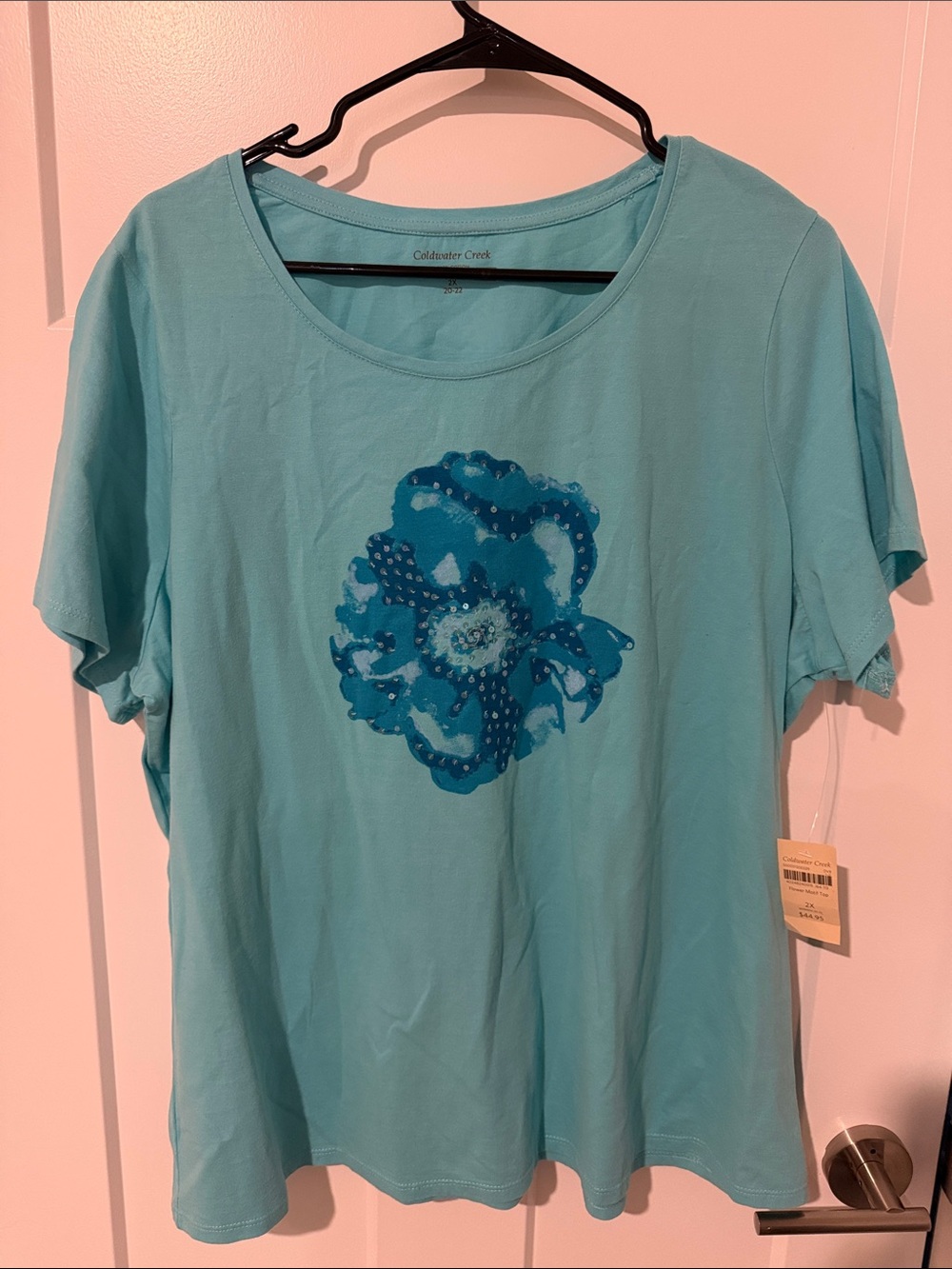 NWT Coldwater Creek Women's Teal Floral Short Sleeve Scoop Tee